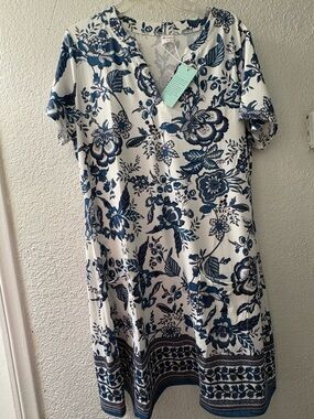 WIHOLL Blue & White Floral Tunic Dress Size XL Lightweight Casual